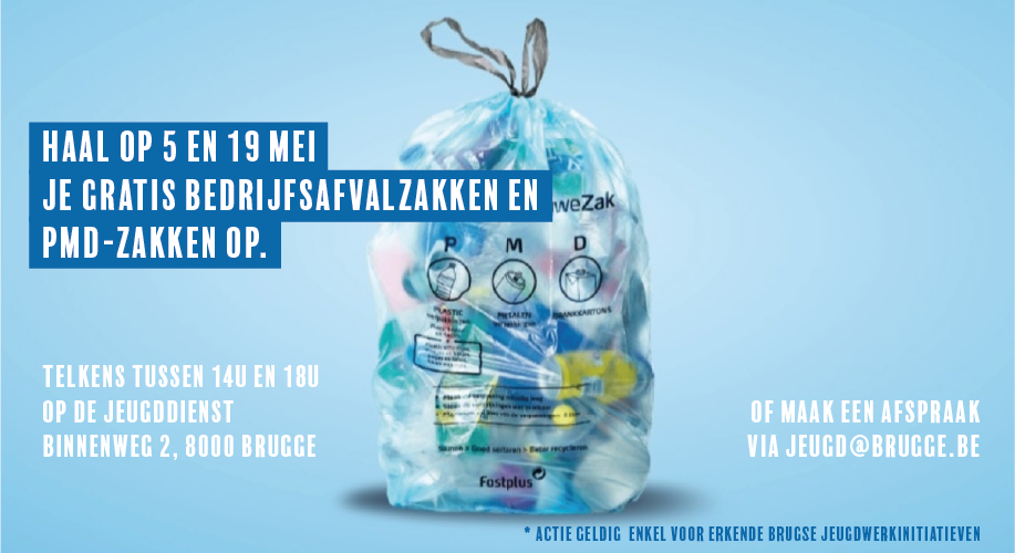 Foto afhaalmomenten gratis afvalzakken jeugdwerk Brugge 5 en 12 mei